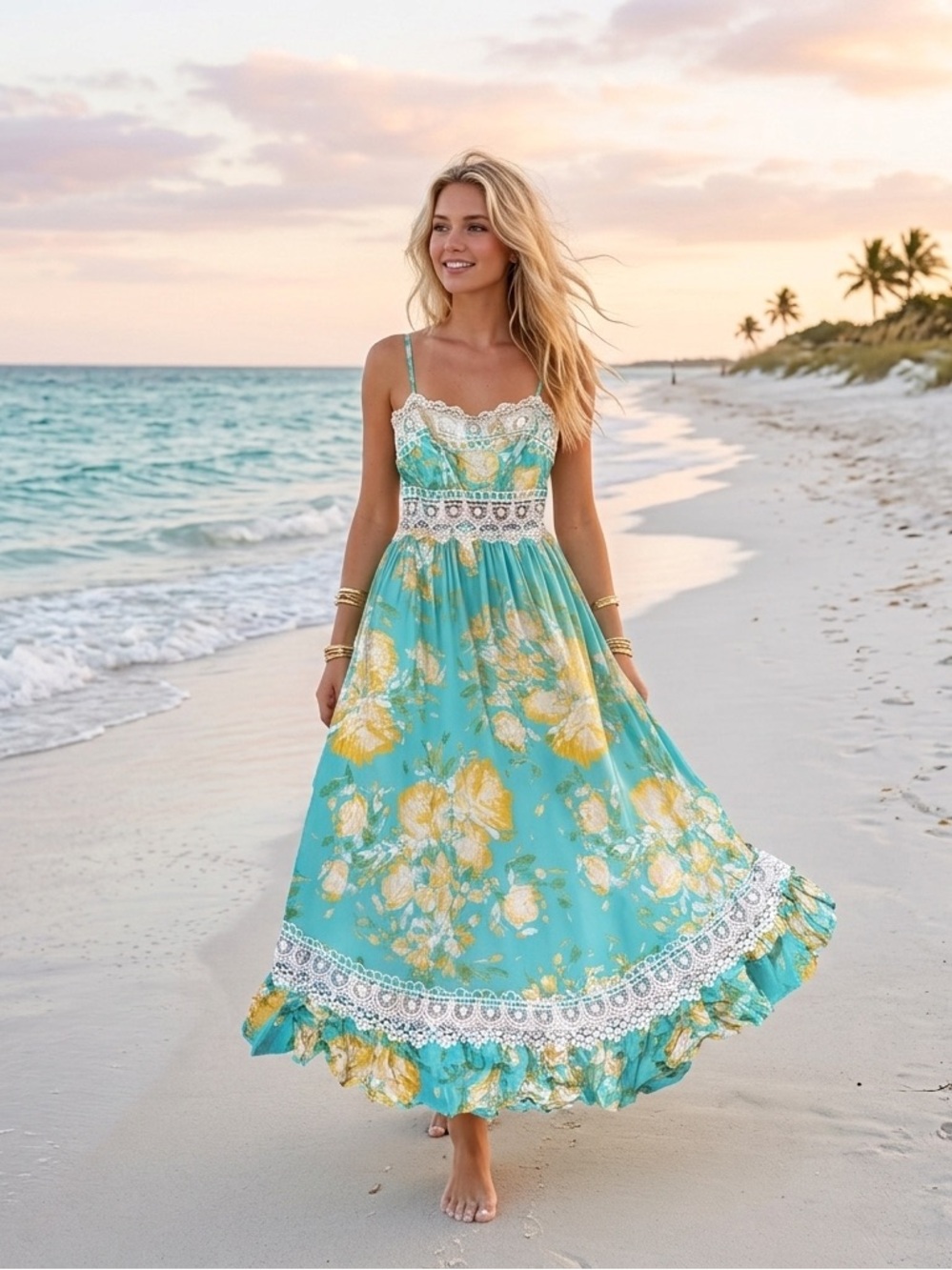 Angel Biba Turquoise Aqua & Yellow Floral Lace-Trim Maxi Dress